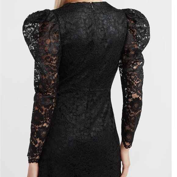 NWT EXPRESS Black Lace Puff Sleeve Fit and Flare Dress - Picture 4 of 9
